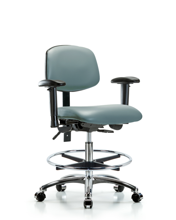 Blue Ridge Ergonomics VMBCH-CR-T0-A1-CF-CC-8822 Rutledge Vinyl Chair Chrome - Medium Bench Height with Adjustable Arms, Chrome Foot Ring, & Casters in Storm Supernova™ Vinyl
