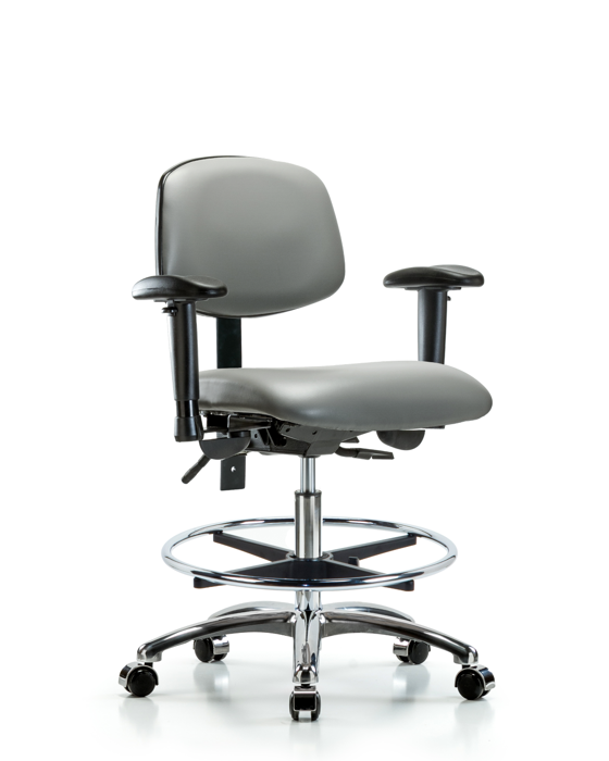 Blue Ridge Ergonomics VMBCH-CR-T0-A1-CF-CC-8840 Rutledge Vinyl Chair Chrome - Medium Bench Height with Adjustable Arms, Chrome Foot Ring, & Casters in Sterling Supernova™ Vinyl