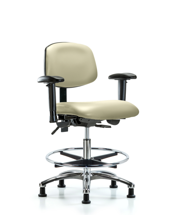 Blue Ridge Ergonomics VMBCH-CR-T0-A1-CF-RG-8501 Rutledge Vinyl Chair Chrome - Medium Bench Height with Adjustable Arms, Chrome Foot Ring, & Stationary Glides in Adobe White Trailblazer™ Vinyl