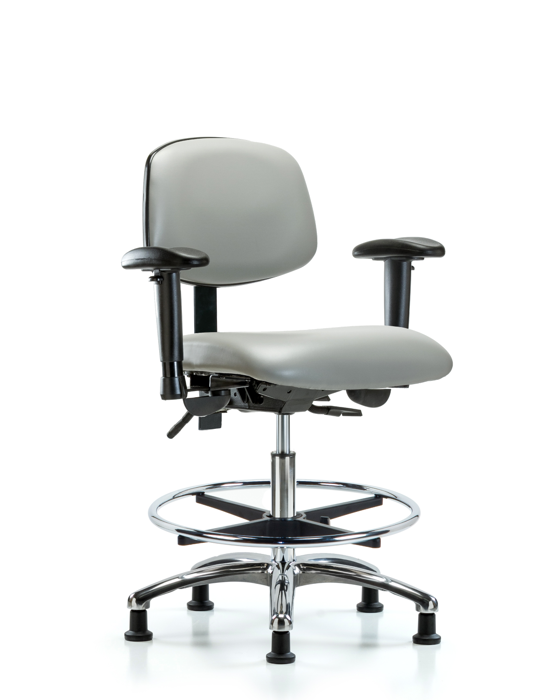 Blue Ridge Ergonomics VMBCH-CR-T0-A1-CF-RG-8567 Rutledge Vinyl Chair Chrome - Medium Bench Height with Adjustable Arms, Chrome Foot Ring, & Stationary Glides in Dove Trailblazer™ Vinyl