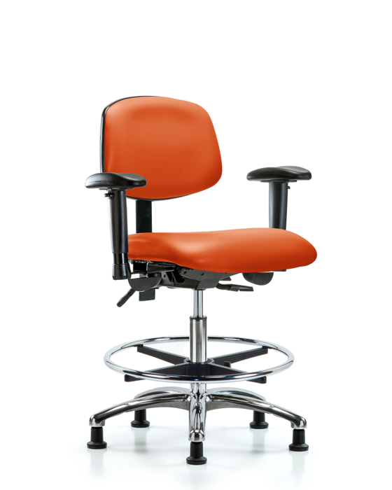 Blue Ridge Ergonomics VMBCH-CR-T0-A1-CF-RG-8613 Rutledge Vinyl Chair Chrome - Medium Bench Height with Adjustable Arms, Chrome Foot Ring, & Stationary Glides in Orange Kist Trailblazer™ Vinyl