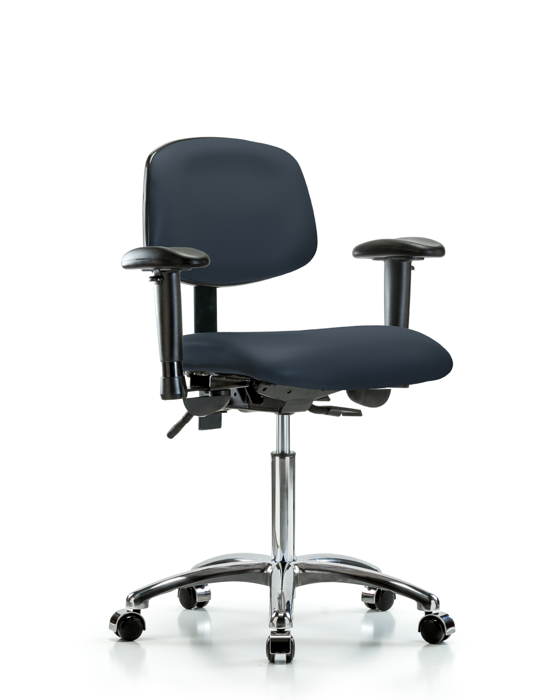 Blue Ridge Ergonomics VMBCH-CR-T0-A1-NF-CC-8582 Rutledge Vinyl Chair Chrome - Medium Bench Height with Adjustable Arms & Casters in Imperial Blue Trailblazer™ Vinyl