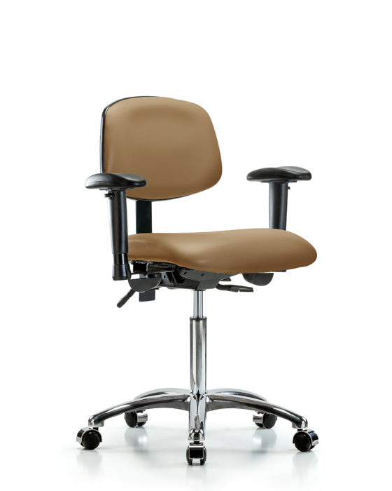 Blue Ridge Ergonomics VMBCH-CR-T0-A1-NF-CC-8584 Rutledge Vinyl Chair Chrome - Medium Bench Height with Adjustable Arms & Casters in Taupe Trailblazer™ Vinyl