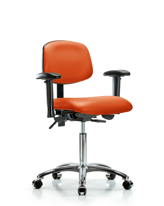 Blue Ridge Ergonomics VMBCH-CR-T0-A1-NF-CC-8613 Rutledge Vinyl Chair Chrome - Medium Bench Height with Adjustable Arms & Casters in Orange Kist Trailblazer™ Vinyl