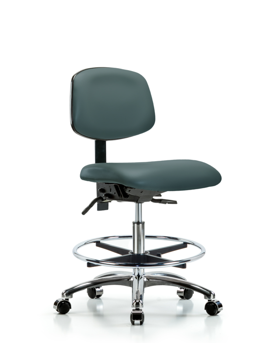 Blue Ridge Ergonomics VMBCH-CR-T1-A0-CF-CC-8546 Rutledge Vinyl Chair Chrome - Medium Bench Height with Seat Tilt, Chrome Foot Ring, & Casters in Colonial Blue Trailblazer™ Vinyl