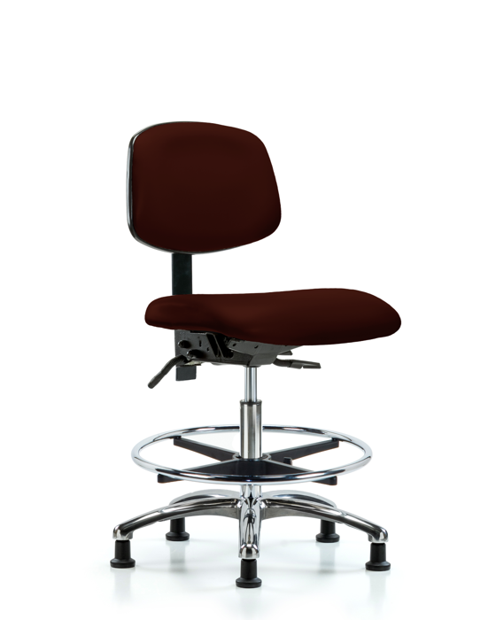 Blue Ridge Ergonomics VMBCH-CR-T1-A0-CF-RG-8569 Rutledge Vinyl Chair Chrome - Medium Bench Height with Seat Tilt, Chrome Foot Ring, & Stationary Glides in Burgundy Trailblazer™ Vinyl