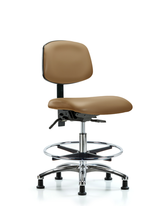 Blue Ridge Ergonomics VMBCH-CR-T1-A0-CF-RG-8584 Rutledge Vinyl Chair Chrome - Medium Bench Height with Seat Tilt, Chrome Foot Ring, & Stationary Glides in Taupe Trailblazer™ Vinyl