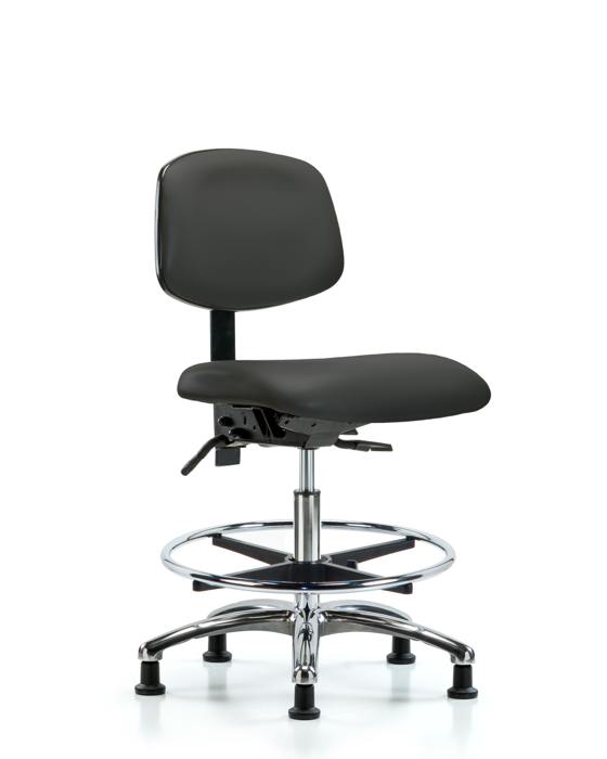 Blue Ridge Ergonomics VMBCH-CR-T1-A0-CF-RG-8605 Rutledge Vinyl Chair Chrome - Medium Bench Height with Seat Tilt, Chrome Foot Ring, & Stationary Glides in Charcoal Trailblazer™ Vinyl
