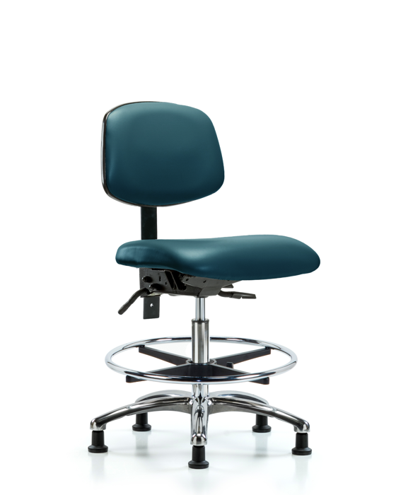 Blue Ridge Ergonomics VMBCH-CR-T1-A0-CF-RG-8801 Rutledge Vinyl Chair Chrome - Medium Bench Height with Seat Tilt, Chrome Foot Ring, & Stationary Glides in Marine Blue Supernova™ Vinyl