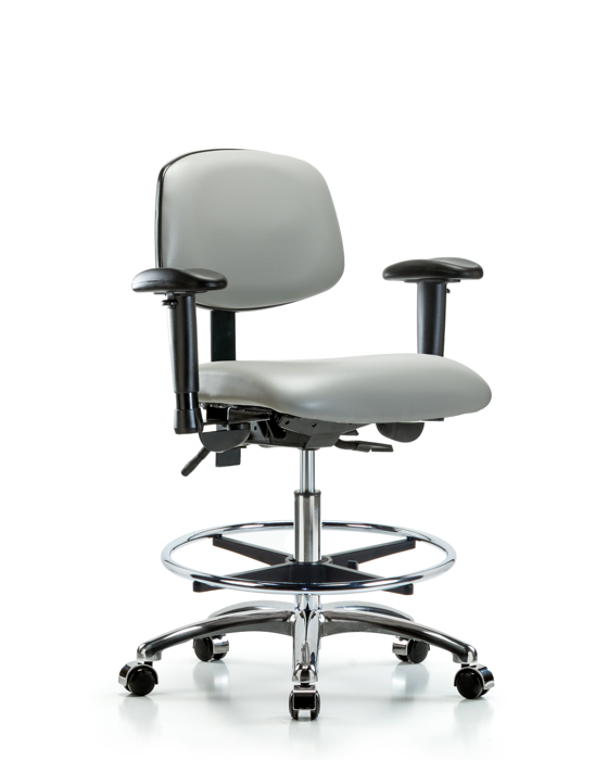 Blue Ridge Ergonomics VMBCH-CR-T1-A1-CF-CC-8567 Rutledge Vinyl Chair Chrome - Medium Bench Height with Seat Tilt, Adjustable Arms, Chrome Foot Ring, & Casters in Dove Trailblazer™ Vinyl