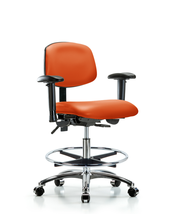 Blue Ridge Ergonomics VMBCH-CR-T1-A1-CF-CC-8613 Rutledge Vinyl Chair Chrome - Medium Bench Height with Seat Tilt, Adjustable Arms, Chrome Foot Ring, & Casters in Orange Kist Trailblazer™ Vinyl