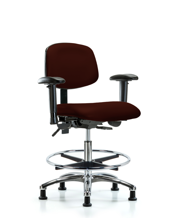 Blue Ridge Ergonomics VMBCH-CR-T1-A1-CF-RG-8569 Rutledge Vinyl Chair Chrome - Medium Bench Height with Seat Tilt, Adjustable Arms, Chrome Foot Ring, & Stationary Glides in Burgundy Trailblazer™ Vinyl