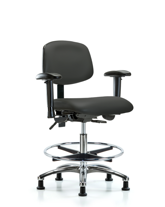 Blue Ridge Ergonomics VMBCH-CR-T1-A1-CF-RG-8605 Rutledge Vinyl Chair Chrome - Medium Bench Height with Seat Tilt, Adjustable Arms, Chrome Foot Ring, & Stationary Glides in Charcoal Trailblazer™ Vinyl
