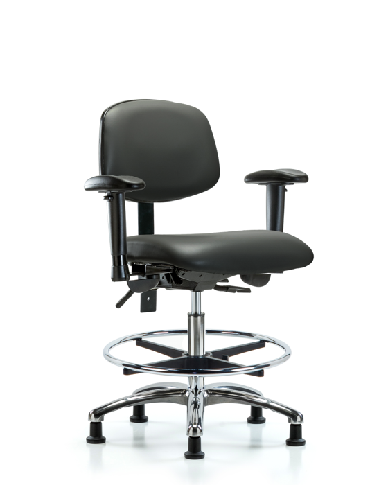 Blue Ridge Ergonomics VMBCH-CR-T1-A1-CF-RG-8823 Rutledge Vinyl Chair Chrome - Medium Bench Height with Seat Tilt, Adjustable Arms, Chrome Foot Ring, & Stationary Glides in Carbon Supernova™ Vinyl