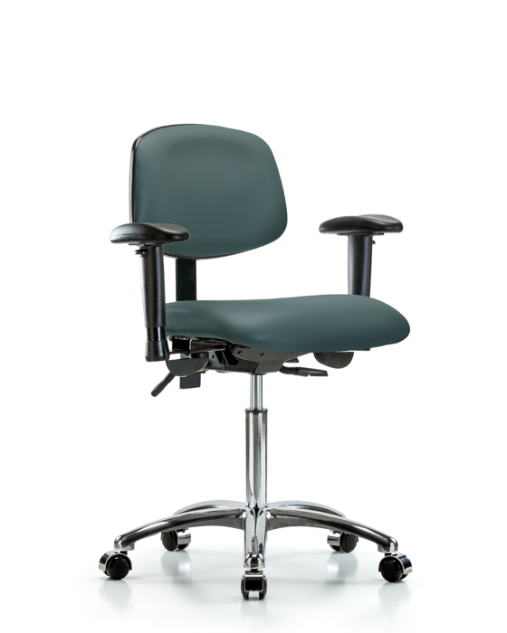 Blue Ridge Ergonomics VMBCH-CR-T1-A1-NF-CC-8546 Rutledge Vinyl Chair Chrome - Medium Bench Height with Seat Tilt, Adjustable Arms, & Casters in Colonial Blue Trailblazer™ Vinyl