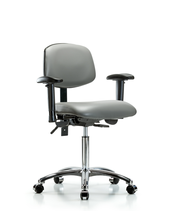 Blue Ridge Ergonomics VMBCH-CR-T1-A1-NF-CC-8840 Rutledge Vinyl Chair Chrome - Medium Bench Height with Seat Tilt, Adjustable Arms, & Casters in Sterling Supernova™ Vinyl