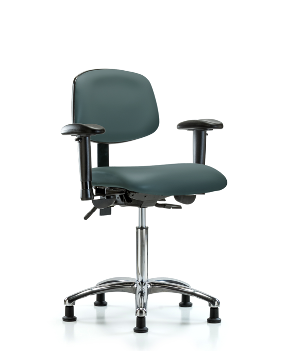 Blue Ridge Ergonomics VMBCH-CR-T1-A1-NF-RG-8546 Rutledge Vinyl Chair Chrome - Medium Bench Height with Seat Tilt, Adjustable Arms, & Stationary Glides in Colonial Blue Trailblazer™ Vinyl
