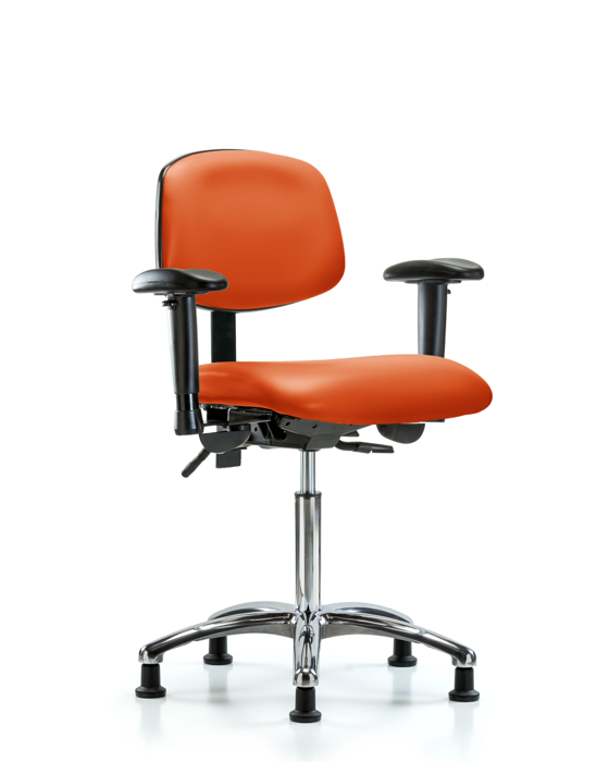 Blue Ridge Ergonomics VMBCH-CR-T1-A1-NF-RG-8613 Rutledge Vinyl Chair Chrome - Medium Bench Height with Seat Tilt, Adjustable Arms, & Stationary Glides in Orange Kist Trailblazer™ Vinyl