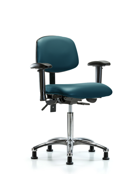Blue Ridge Ergonomics VMBCH-CR-T1-A1-NF-RG-8801 Rutledge Vinyl Chair Chrome - Medium Bench Height with Seat Tilt, Adjustable Arms, & Stationary Glides in Marine Blue Supernova™ Vinyl