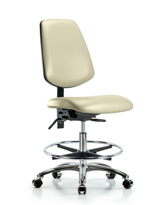 Blue Ridge Ergonomics VMBCH-MB-CR-T0-A0-CF-CC-8501 Rutledge Vinyl Chair Chrome - Medium Bench Height with Medium Back, Chrome Foot Ring, & Casters in Adobe White Trailblazer™ Vinyl