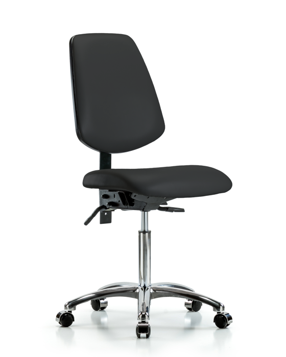 Blue Ridge Ergonomics VMBCH-MB-CR-T0-A0-NF-CC-8540 Rutledge Vinyl Chair Chrome - Medium Bench Height with Medium Back & Casters in Black Trailblazer™ Vinyl