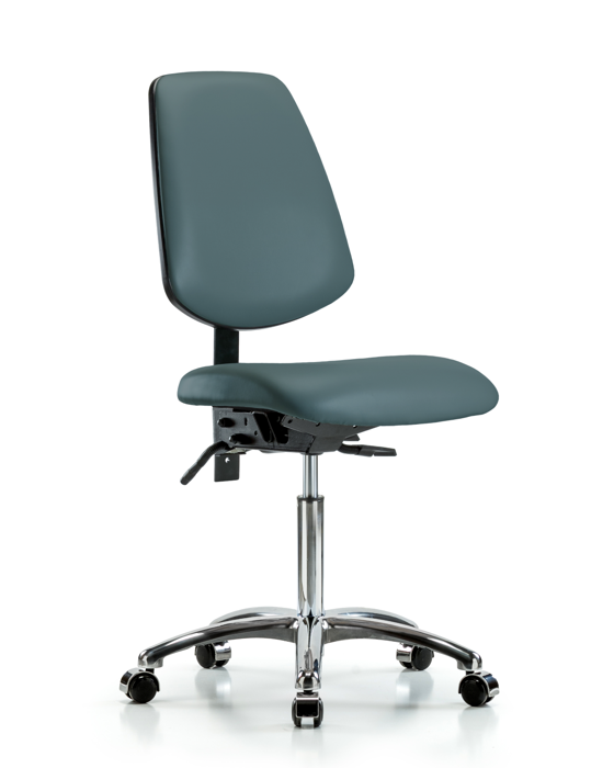 Blue Ridge Ergonomics VMBCH-MB-CR-T0-A0-NF-CC-8546 Rutledge Vinyl Chair Chrome - Medium Bench Height with Medium Back & Casters in Colonial Blue Trailblazer™ Vinyl