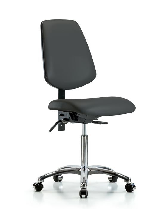 Blue Ridge Ergonomics VMBCH-MB-CR-T0-A0-NF-CC-8605 Rutledge Vinyl Chair Chrome - Medium Bench Height with Medium Back & Casters in Charcoal Trailblazer™ Vinyl