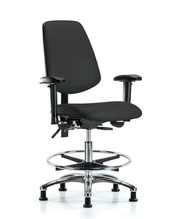 Blue Ridge Ergonomics VMBCH-MB-CR-T0-A1-CF-RG-8540 Rutledge Vinyl Chair Chrome - Medium Bench Height with Medium Back, Adjustable Arms, Chrome Foot Ring, & Stationary Glides in Black Trailblazer™ Vinyl