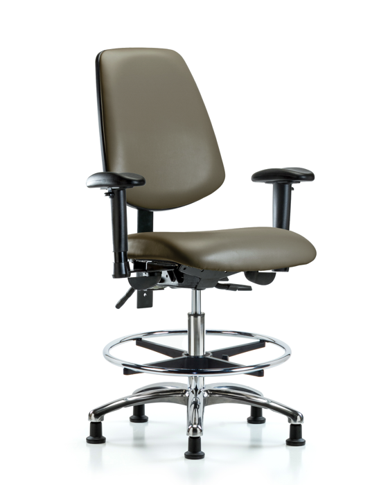 Blue Ridge Ergonomics VMBCH-MB-CR-T0-A1-CF-RG-8809 Rutledge Vinyl Chair Chrome - Medium Bench Height with Medium Back, Adjustable Arms, Chrome Foot Ring, & Stationary Glides in Taupe Supernova™ Vinyl