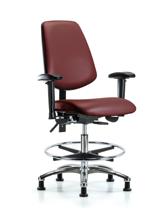 Blue Ridge Ergonomics VMBCH-MB-CR-T0-A1-CF-RG-8815 Rutledge Vinyl Chair Chrome - Medium Bench Height with Medium Back, Adjustable Arms, Chrome Foot Ring, & Stationary Glides in Borscht Supernova™ Vinyl