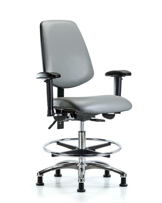 Blue Ridge Ergonomics VMBCH-MB-CR-T0-A1-CF-RG-8840 Rutledge Vinyl Chair Chrome - Medium Bench Height with Medium Back, Adjustable Arms, Chrome Foot Ring, & Stationary Glides in Sterling Supernova™ Vinyl