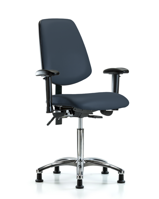 Blue Ridge Ergonomics VMBCH-MB-CR-T0-A1-NF-RG-8582 Rutledge Vinyl Chair Chrome - Medium Bench Height with Medium Back, Adjustable Arms, & Stationary Glides in Imperial Blue Trailblazer™ Vinyl