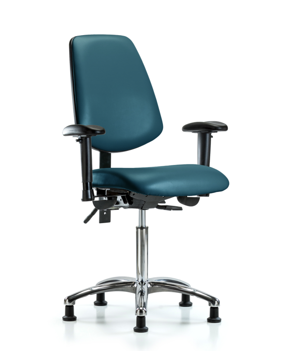 Blue Ridge Ergonomics VMBCH-MB-CR-T0-A1-NF-RG-8801 Rutledge Vinyl Chair Chrome - Medium Bench Height with Medium Back, Adjustable Arms, & Stationary Glides in Marine Blue Supernova™ Vinyl