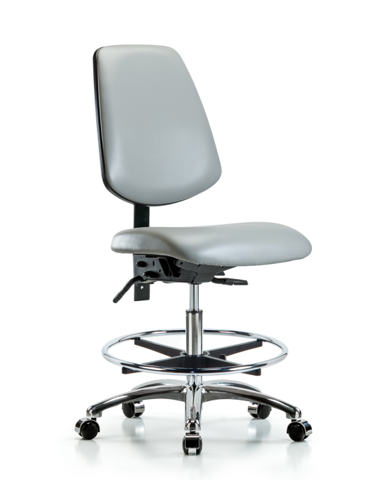 Blue Ridge Ergonomics VMBCH-MB-CR-T1-A0-CF-CC-8567 Rutledge Vinyl Chair Chrome - Medium Bench Height with Medium Back, Seat Tilt, Chrome Foot Ring, & Casters in Dove Trailblazer™ Vinyl