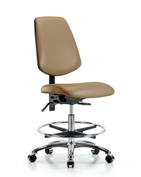 Blue Ridge Ergonomics VMBCH-MB-CR-T1-A0-CF-CC-8584 Rutledge Vinyl Chair Chrome - Medium Bench Height with Medium Back, Seat Tilt, Chrome Foot Ring, & Casters in Taupe Trailblazer™ Vinyl
