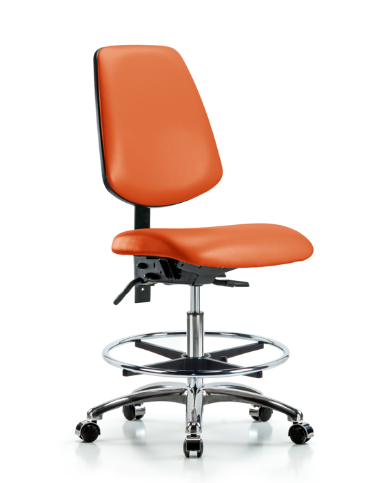 Blue Ridge Ergonomics VMBCH-MB-CR-T1-A0-CF-CC-8613 Rutledge Vinyl Chair Chrome - Medium Bench Height with Medium Back, Seat Tilt, Chrome Foot Ring, & Casters in Orange Kist Trailblazer™ Vinyl