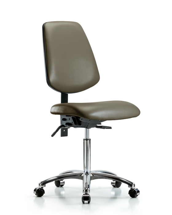 Blue Ridge Ergonomics VMBCH-MB-CR-T1-A0-NF-CC-8809 Rutledge Vinyl Chair Chrome - Medium Bench Height with Medium Back, Seat Tilt, & Casters in Taupe Supernova™ Vinyl