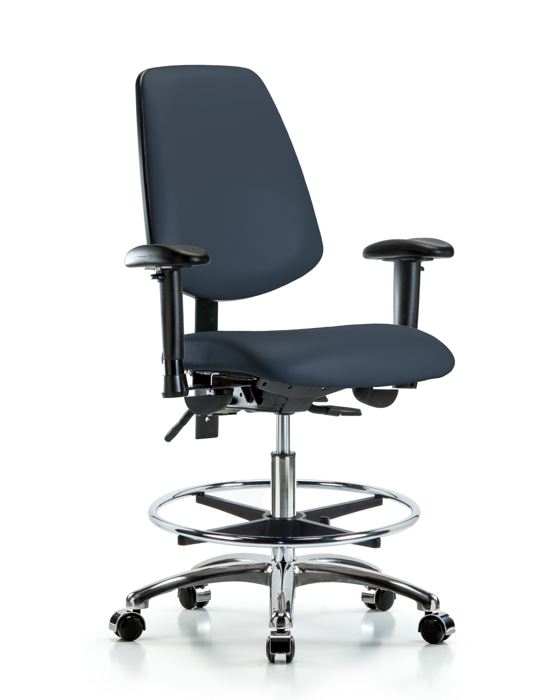 Blue Ridge Ergonomics VMBCH-MB-RG-T1-A1-CF-RC-8823 Rutledge Vinyl Chair - Medium Bench Height with Medium Back, Seat Tilt, Adjustable Arms, Chrome Foot Ring, & Casters in Carbon Supernova™ Vinyl