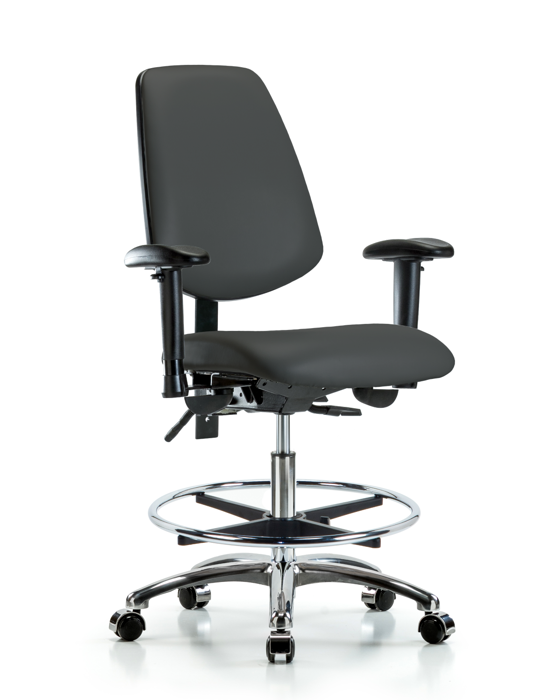 Blue Ridge Ergonomics VMBCH-MB-CR-T1-A1-CF-CC-8605 Rutledge Vinyl Chair Chrome - Medium Bench Height with Medium Back, Seat Tilt, Adjustable Arms, Chrome Foot Ring, & Casters in Charcoal Trailblazer™ Vinyl
