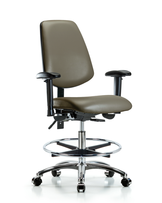 Blue Ridge Ergonomics VMBCH-MB-CR-T1-A1-CF-CC-8809 Rutledge Vinyl Chair Chrome - Medium Bench Height with Medium Back, Seat Tilt, Adjustable Arms, Chrome Foot Ring, & Casters in Taupe Supernova™ Vinyl