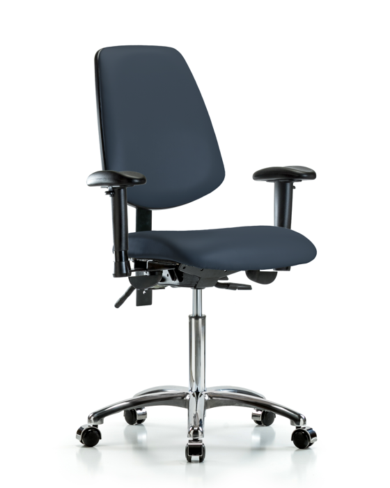 Blue Ridge Ergonomics VMBCH-MB-CR-T1-A1-NF-CC-8582 Rutledge Vinyl Chair Chrome - Medium Bench Height with Medium Back, Seat Tilt, Adjustable Arms, & Casters in Imperial Blue Trailblazer™ Vinyl