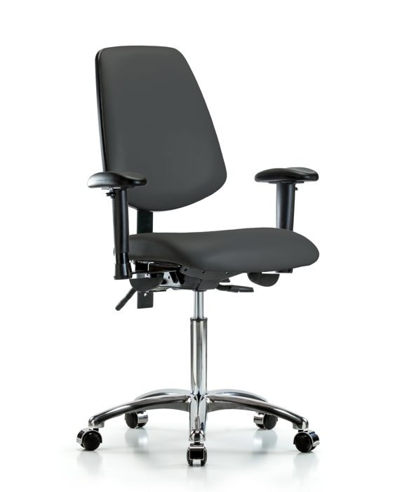 Blue Ridge Ergonomics VMBCH-MB-CR-T1-A1-NF-CC-8605 Rutledge Vinyl Chair Chrome - Medium Bench Height with Medium Back, Seat Tilt, Adjustable Arms, & Casters in Charcoal Trailblazer™ Vinyl