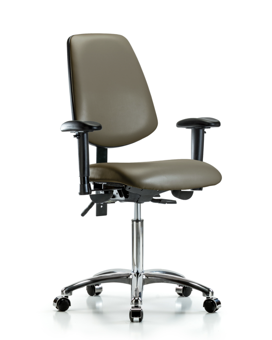 Blue Ridge Ergonomics VMBCH-MB-CR-T1-A1-NF-CC-8809 Rutledge Vinyl Chair Chrome - Medium Bench Height with Medium Back, Seat Tilt, Adjustable Arms, & Casters in Taupe Supernova™ Vinyl