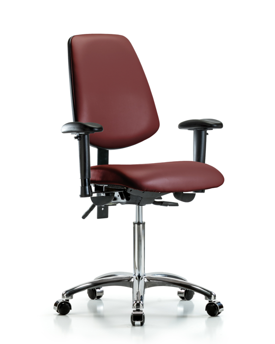 Blue Ridge Ergonomics VMBCH-MB-CR-T1-A1-NF-CC-8815 Rutledge Vinyl Chair Chrome - Medium Bench Height with Medium Back, Seat Tilt, Adjustable Arms, & Casters in Borscht Supernova™ Vinyl