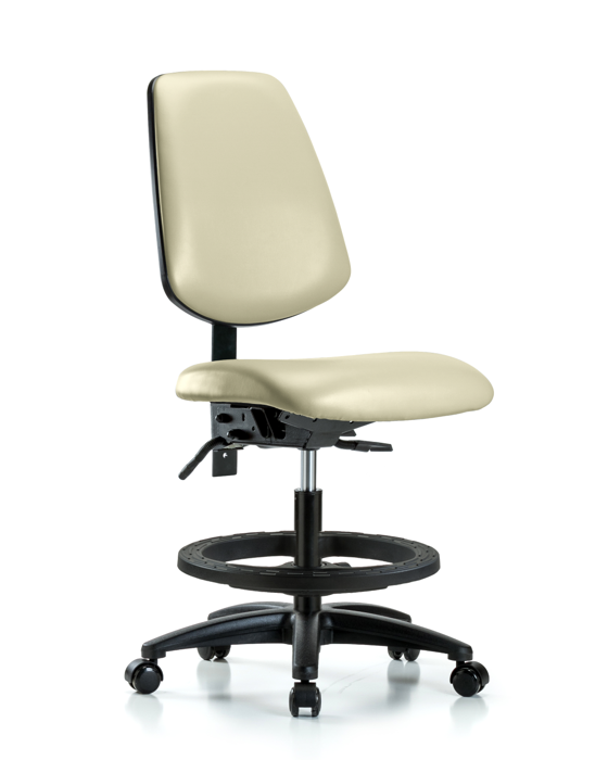 Blue Ridge Ergonomics VMBCH-MB-RG-T0-A0-BF-RC-8501 Rutledge Vinyl Chair - Medium Bench Height with Medium Back, Black Foot Ring, & Casters in Adobe White Trailblazer™ Vinyl