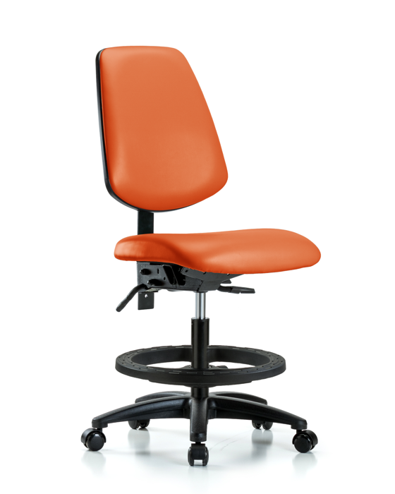 Blue Ridge Ergonomics VMBCH-MB-RG-T0-A0-BF-RC-8613 Rutledge Vinyl Chair - Medium Bench Height with Medium Back, Black Foot Ring, & Casters in Orange Kist Trailblazer™ Vinyl