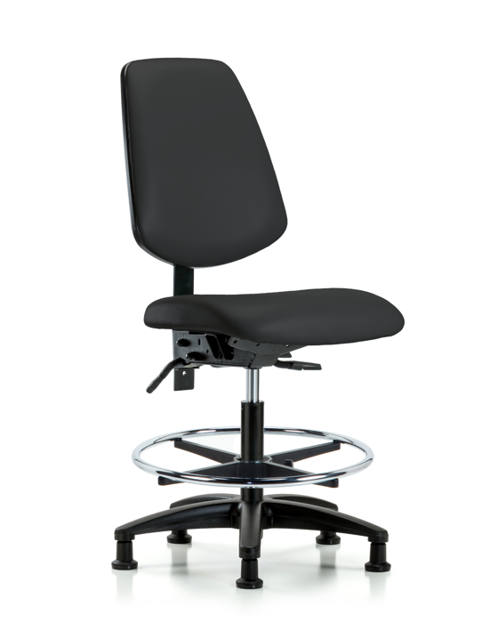 Blue Ridge Ergonomics VMBCH-MB-RG-T0-A0-CF-RG-8540 Rutledge Vinyl Chair - Medium Bench Height with Medium Back, Chrome Foot Ring, & Stationary Glides in Black Trailblazer™ Vinyl