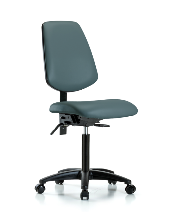 Blue Ridge Ergonomics VMBCH-MB-RG-T0-A0-NF-RC-8546 Rutledge Vinyl Chair - Medium Bench Height with Medium Back & Casters in Colonial Blue Trailblazer™ Vinyl