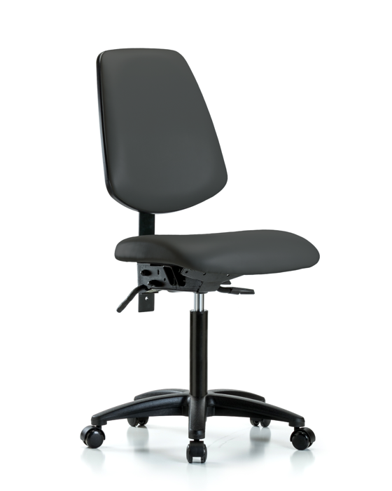 Blue Ridge Ergonomics VMBCH-MB-RG-T0-A0-NF-RC-8605 Rutledge Vinyl Chair - Medium Bench Height with Medium Back & Casters in Charcoal Trailblazer™ Vinyl