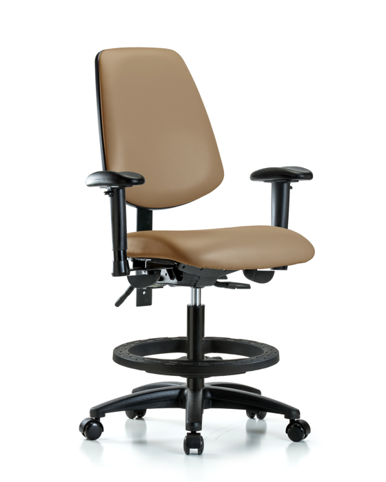 Blue Ridge Ergonomics VMBCH-MB-RG-T0-A1-BF-RC-8584 Rutledge Vinyl Chair - Medium Bench Height with Medium Back, Adjustable Arms, Black Foot Ring, & Casters in Taupe Trailblazer™ Vinyl